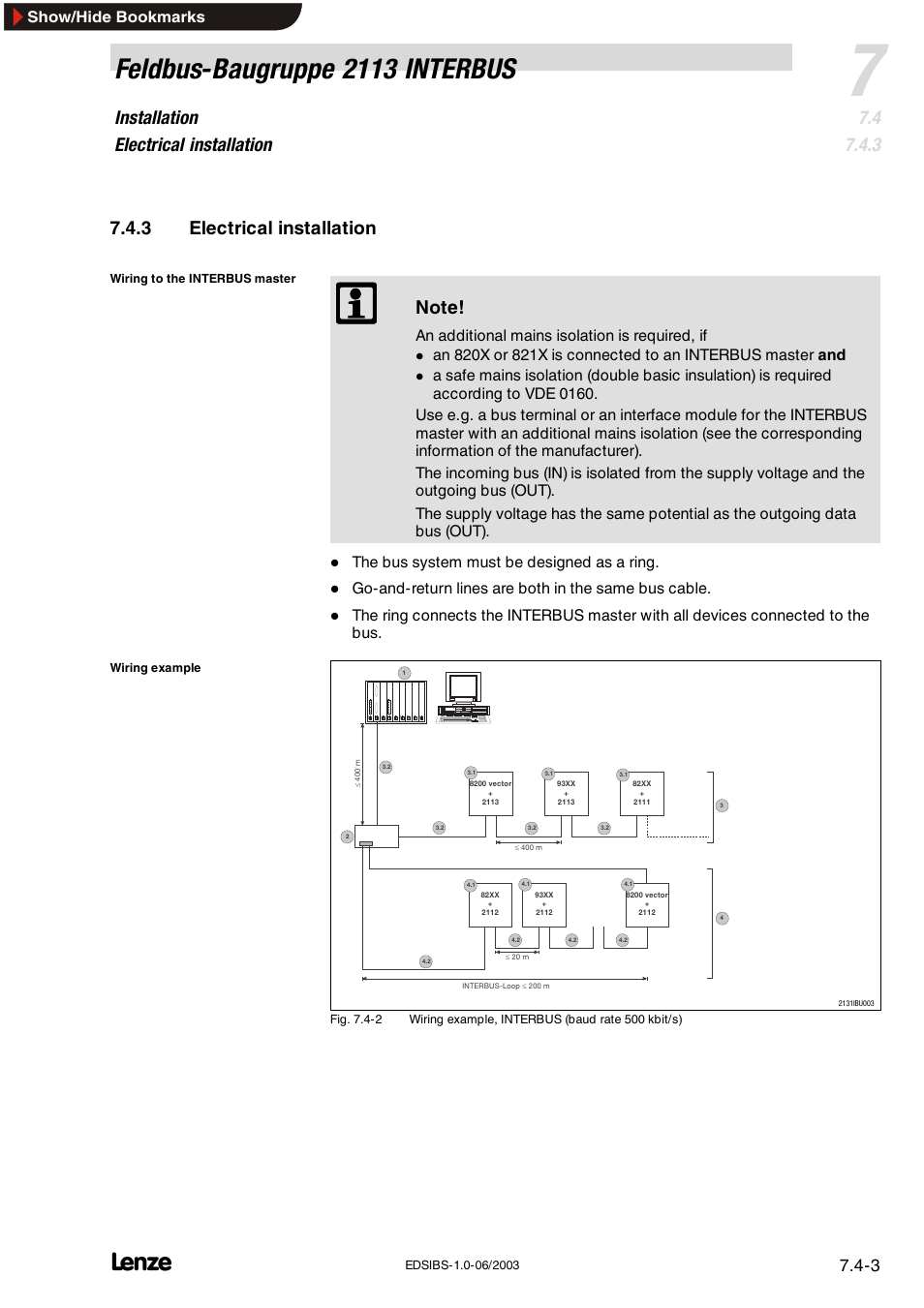 3 electrical installation, Electrical installation, Feldbus-baugruppe 2113 interbus | Installation electrical installation | Lenze EMF2113IB User Manual | Page 38 / 119