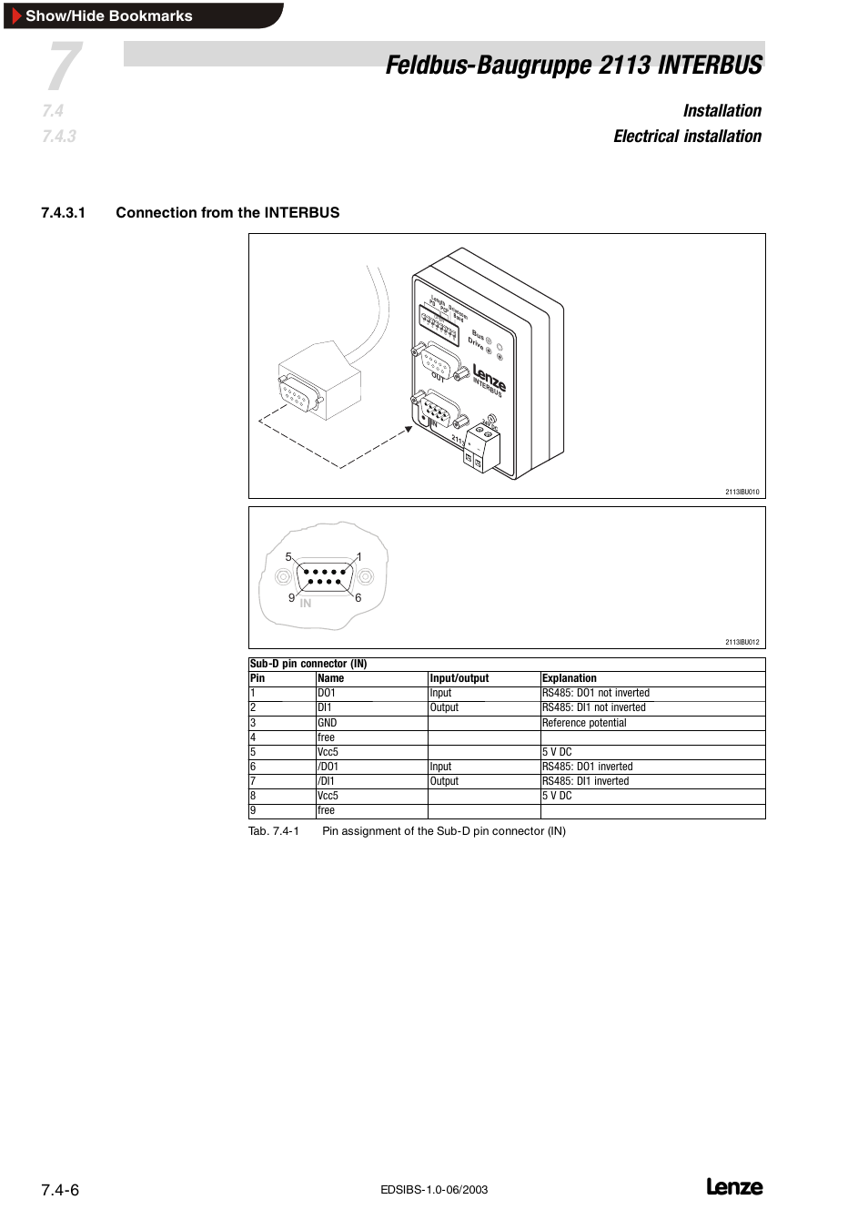Feldbus-baugruppe 2113 interbus, Installation electrical installation, 1 connection from the interbus | Show/hide bookmarks | Lenze EMF2113IB User Manual | Page 41 / 119