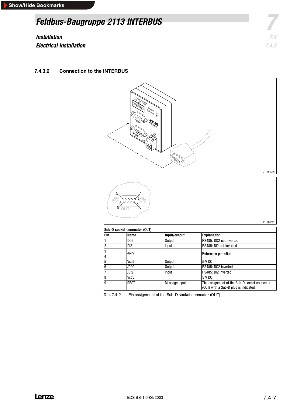 Feldbus-baugruppe 2113 interbus, Installation electrical installation, 2 connection to the interbus pc | Show/hide bookmarks | Lenze EMF2113IB User Manual | Page 42 / 119