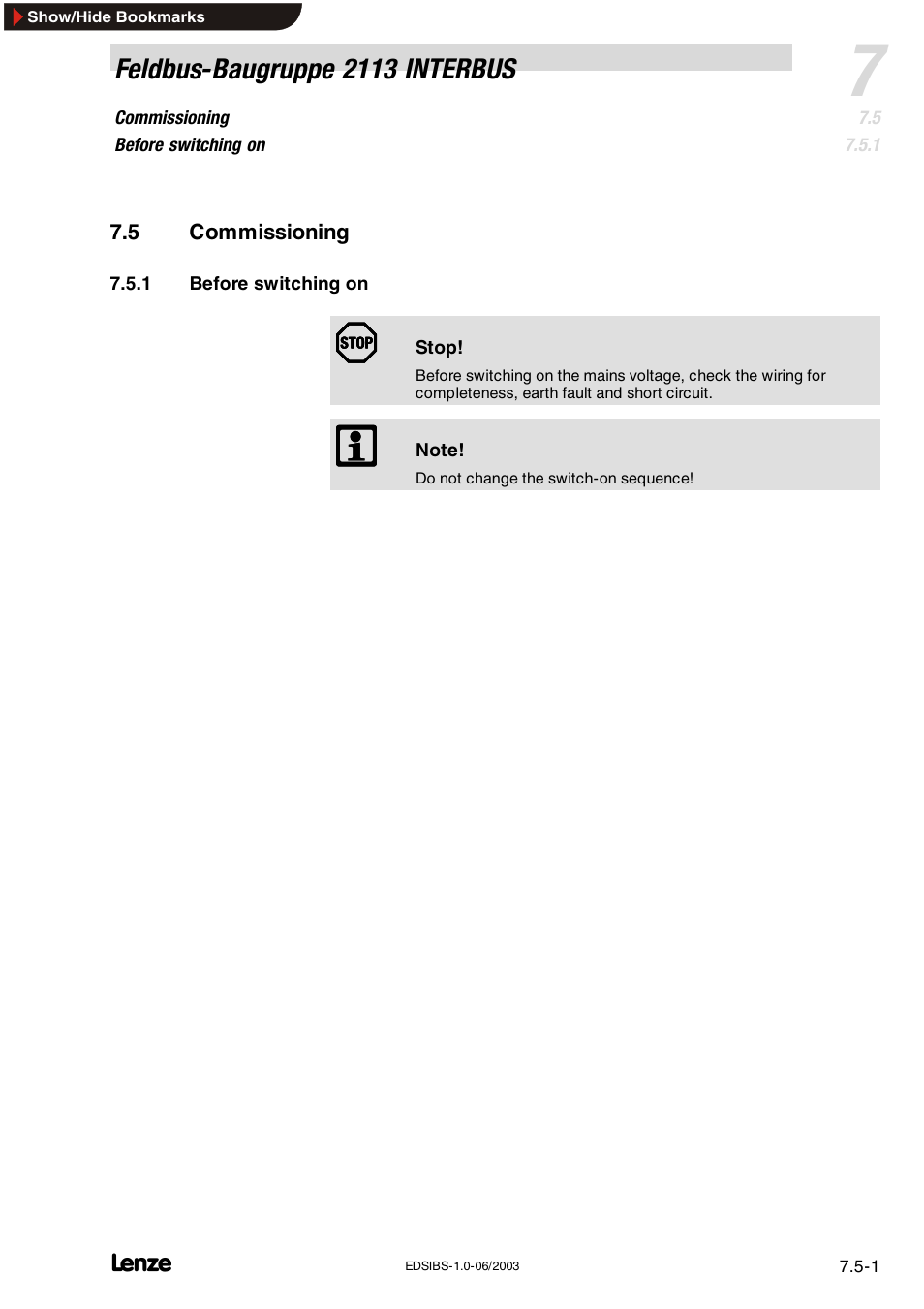 5 commissioning, 1 before switching on, Commissioning | Before switching on | Lenze EMF2113IB User Manual | Page 43 / 119