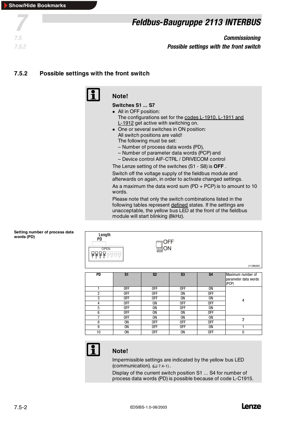 2 possible settings with the front switch, Possible settings with the front switch, Feldbus-baugruppe 2113 interbus | Lenze EMF2113IB User Manual | Page 44 / 119
