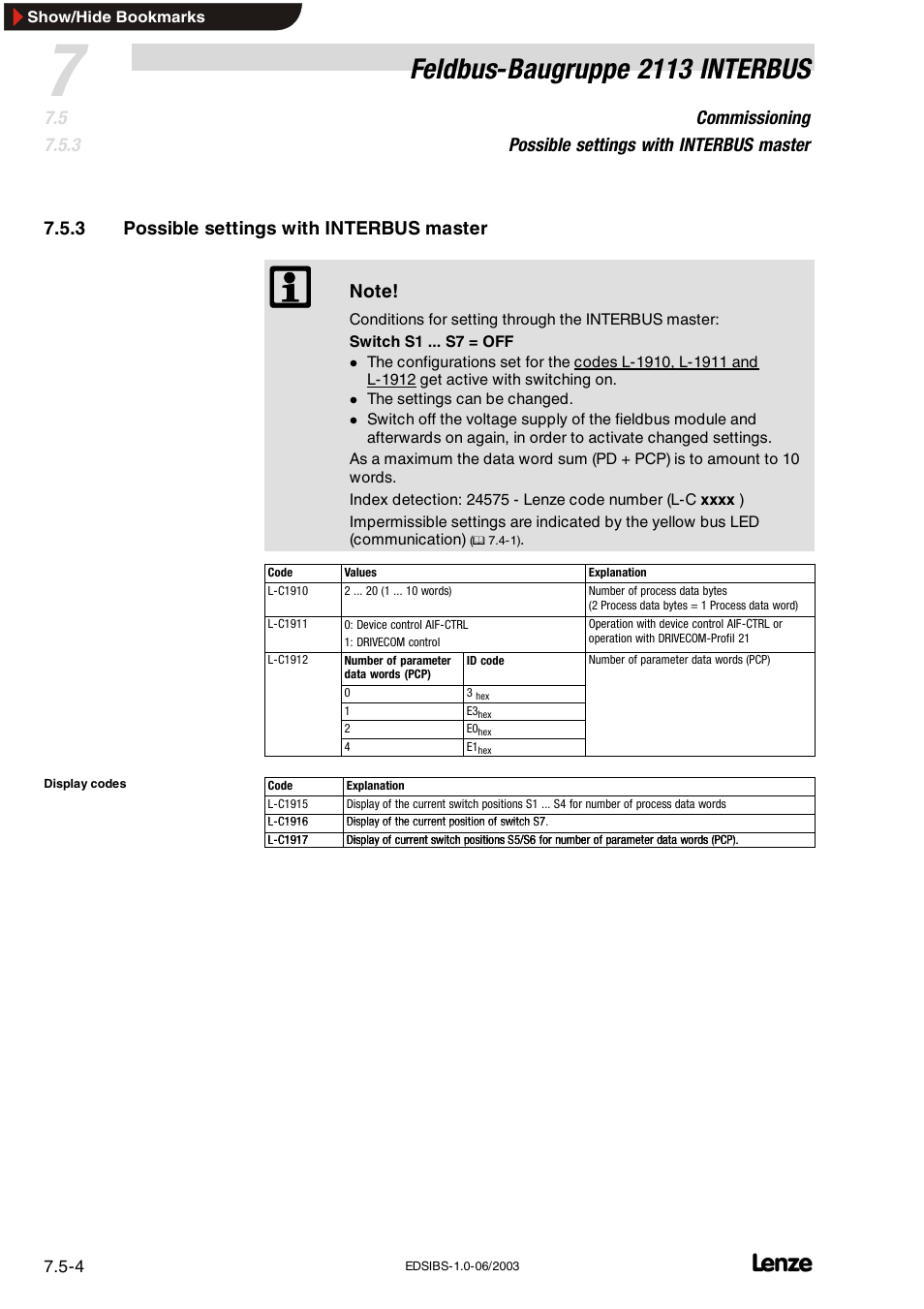 3 possible settings with interbus master, Possible settings with interbus master, Feldbus-baugruppe 2113 interbus | Lenze EMF2113IB User Manual | Page 46 / 119