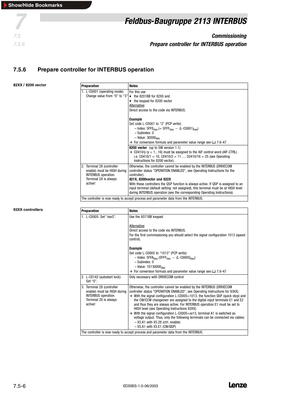 6 prepare controller for interbus operation, Prepare controller for interbus operation, Feldbus-baugruppe 2113 interbus | Lenze EMF2113IB User Manual | Page 48 / 119