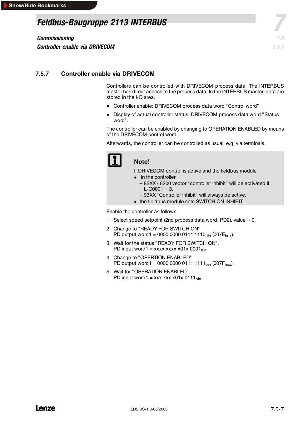 7 controller enable via drivecom, Controller enable via drivecom, Feldbus-baugruppe 2113 interbus | Lenze EMF2113IB User Manual | Page 49 / 119