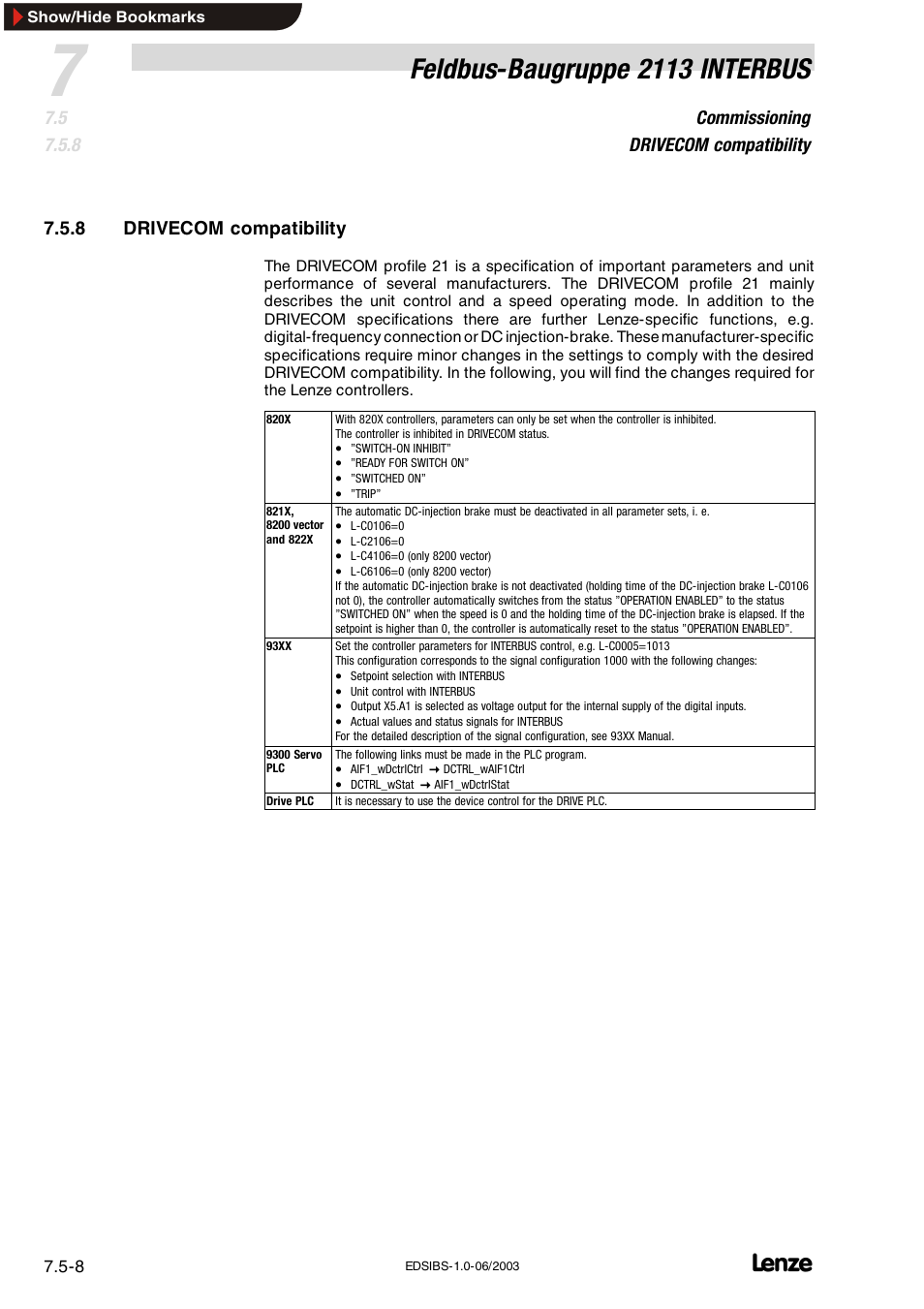 8 drivecom compatibility, Drivecom compatibility, Feldbus-baugruppe 2113 interbus | Commissioning drivecom compatibility | Lenze EMF2113IB User Manual | Page 50 / 119