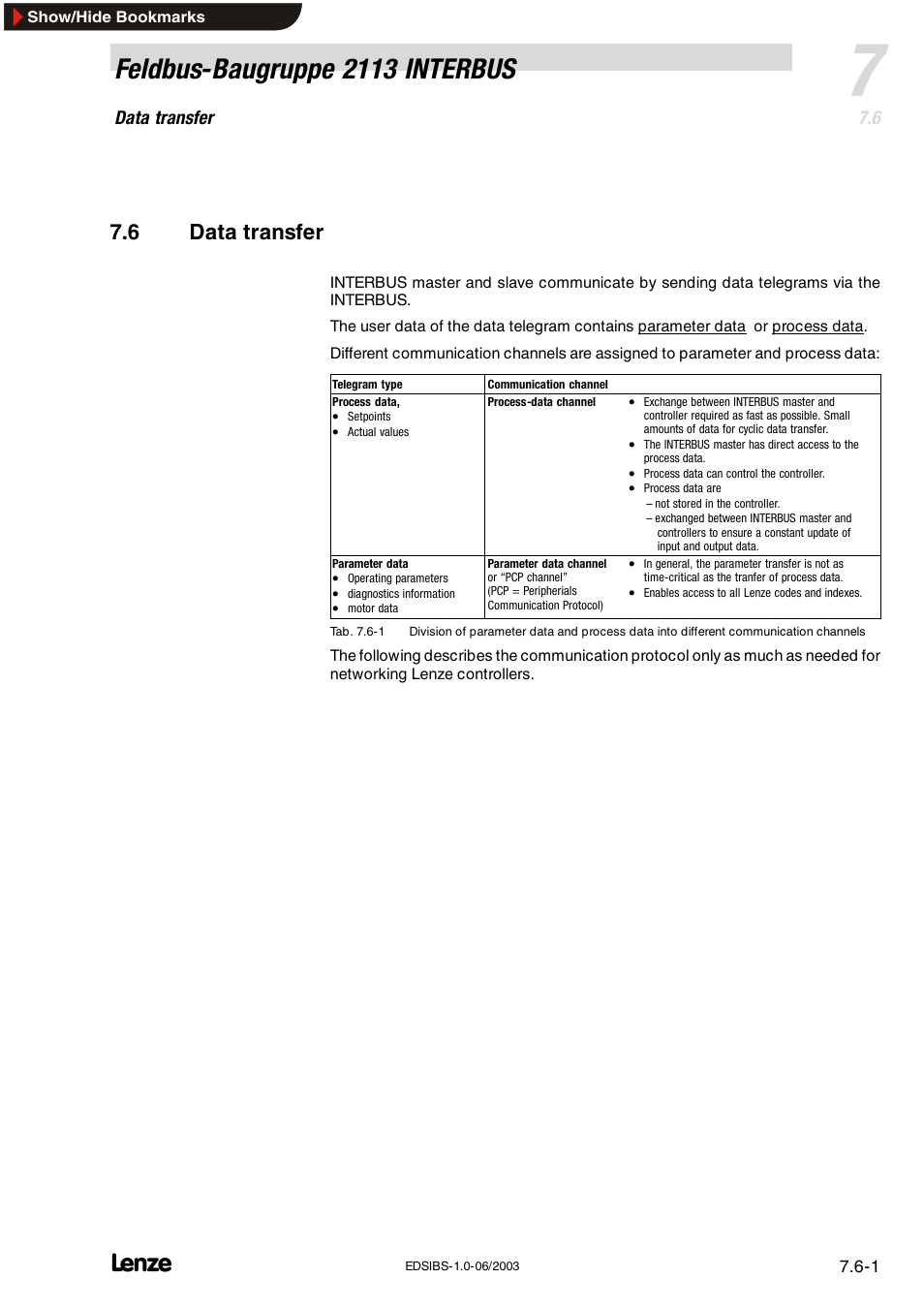6 data transfer, Data transfer, Feldbus-baugruppe 2113 interbus | Lenze EMF2113IB User Manual | Page 52 / 119