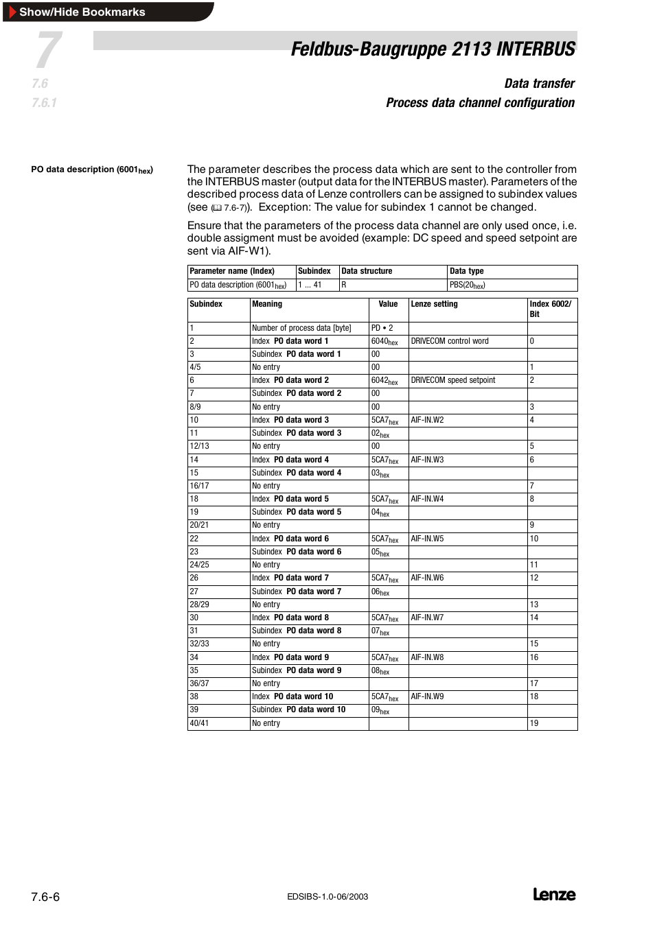 Feldbus-baugruppe 2113 interbus, Data transfer process data channel configuration, Show/hide bookmarks | Lenze EMF2113IB User Manual | Page 57 / 119