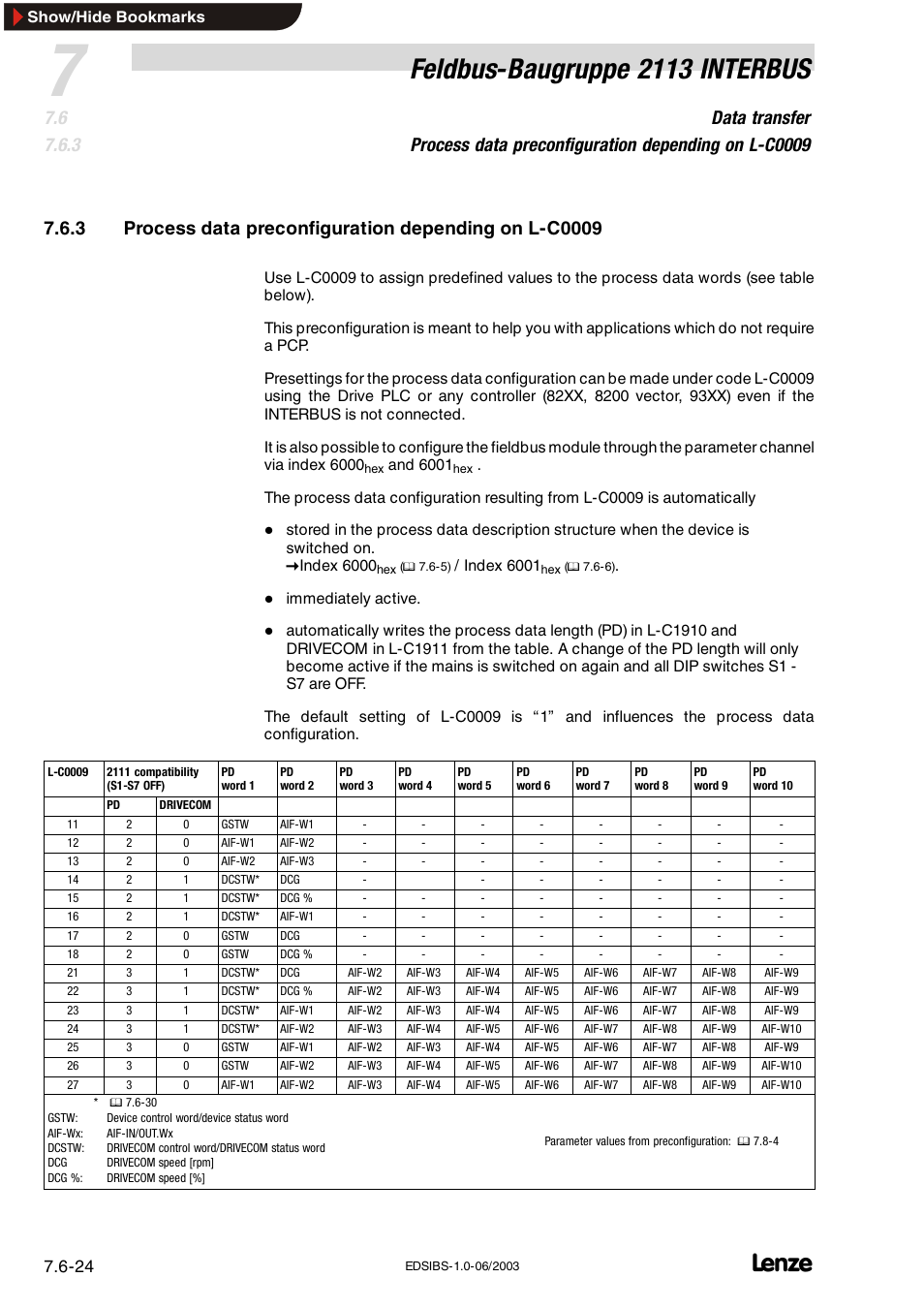 Process data preconfiguration depending on l-c0009, Feldbus-baugruppe 2113 interbus | Lenze EMF2113IB User Manual | Page 75 / 119