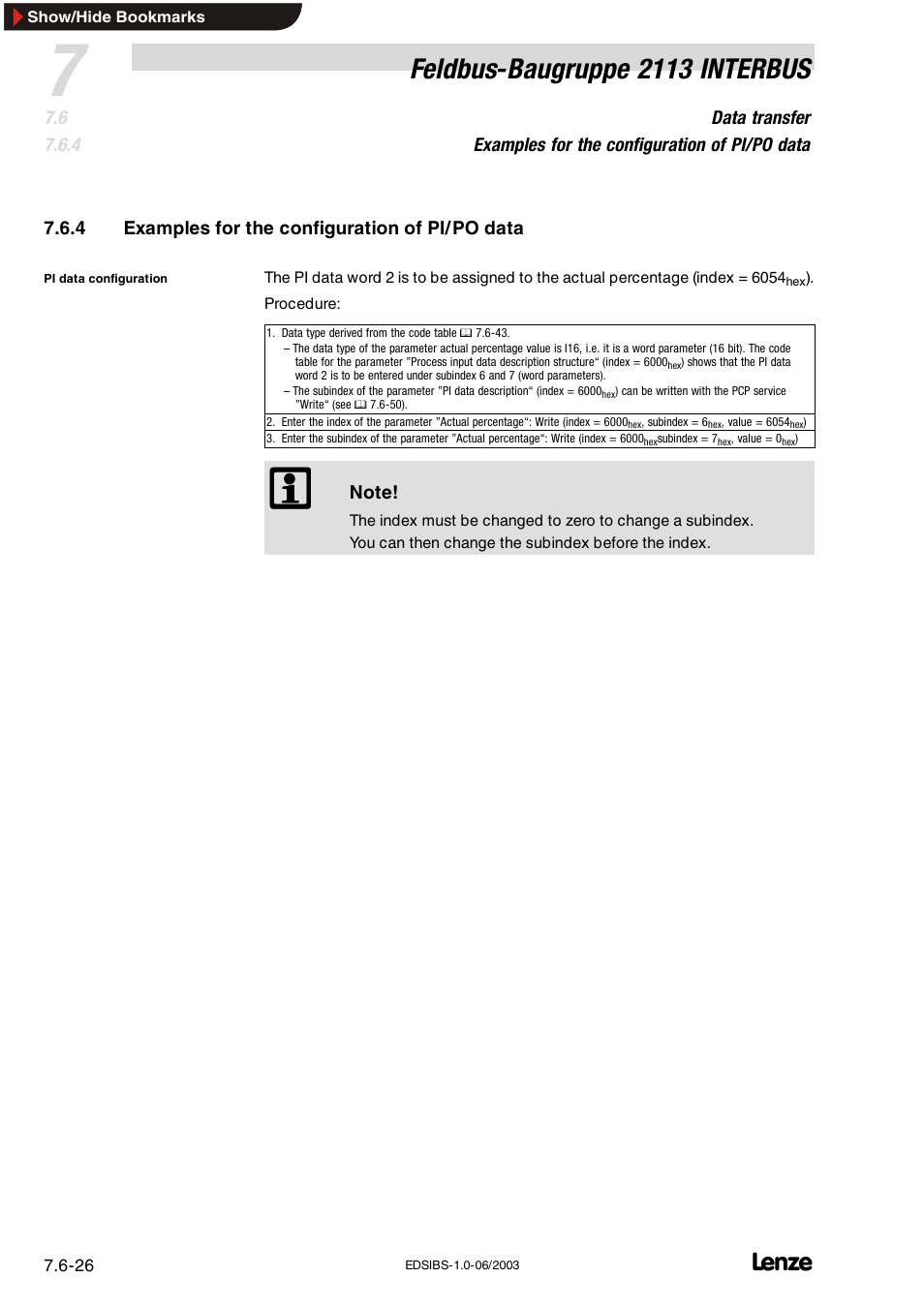 4 examples for the configuration of pi/ po data, Examples for the configuration of pi/po data, Feldbus-baugruppe 2113 interbus | Lenze EMF2113IB User Manual | Page 77 / 119