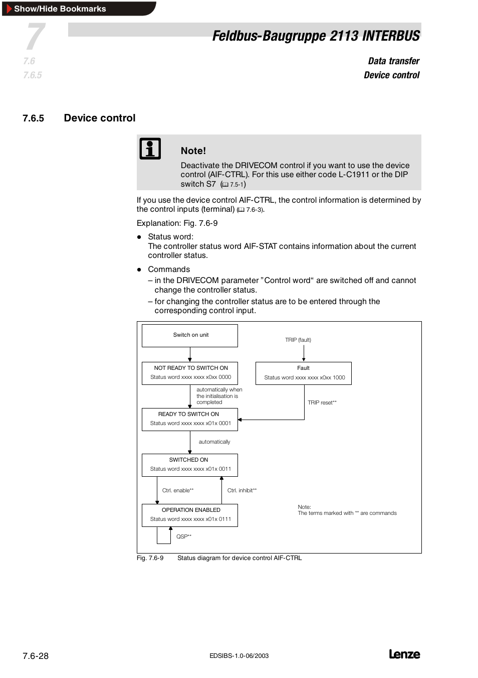 5 device control, Device control, Feldbus-baugruppe 2113 interbus | Lenze EMF2113IB User Manual | Page 79 / 119