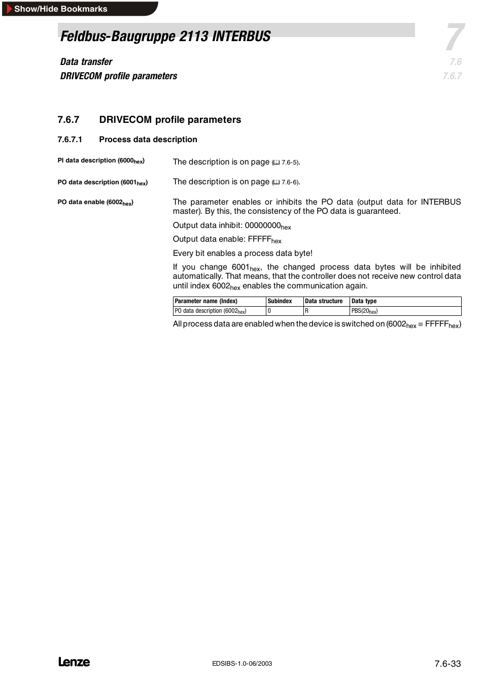 7 drivecom profile parameters, Drivecom profile parameters, Feldbus-baugruppe 2113 interbus | Data transfer drivecom profile parameters | Lenze EMF2113IB User Manual | Page 84 / 119