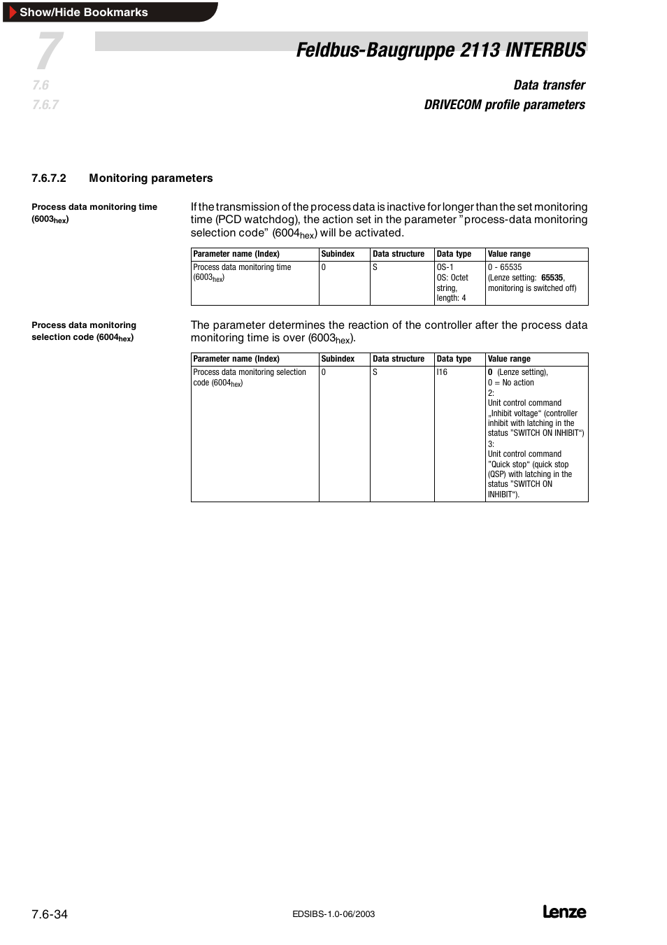 Feldbus-baugruppe 2113 interbus, Data transfer drivecom profile parameters | Lenze EMF2113IB User Manual | Page 85 / 119