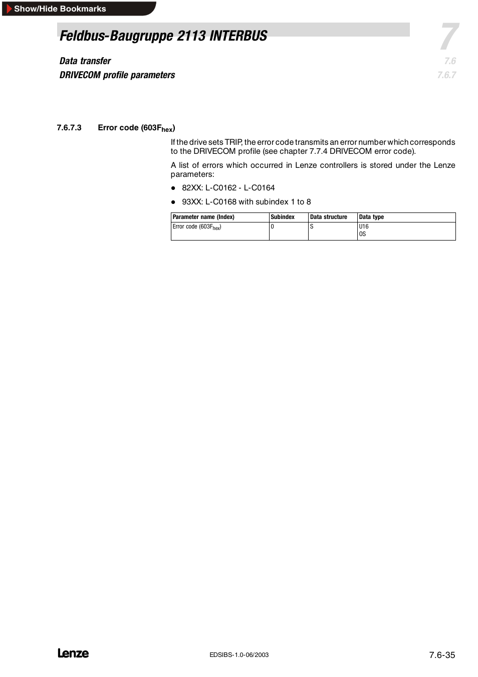 Feldbus-baugruppe 2113 interbus | Lenze EMF2113IB User Manual | Page 86 / 119