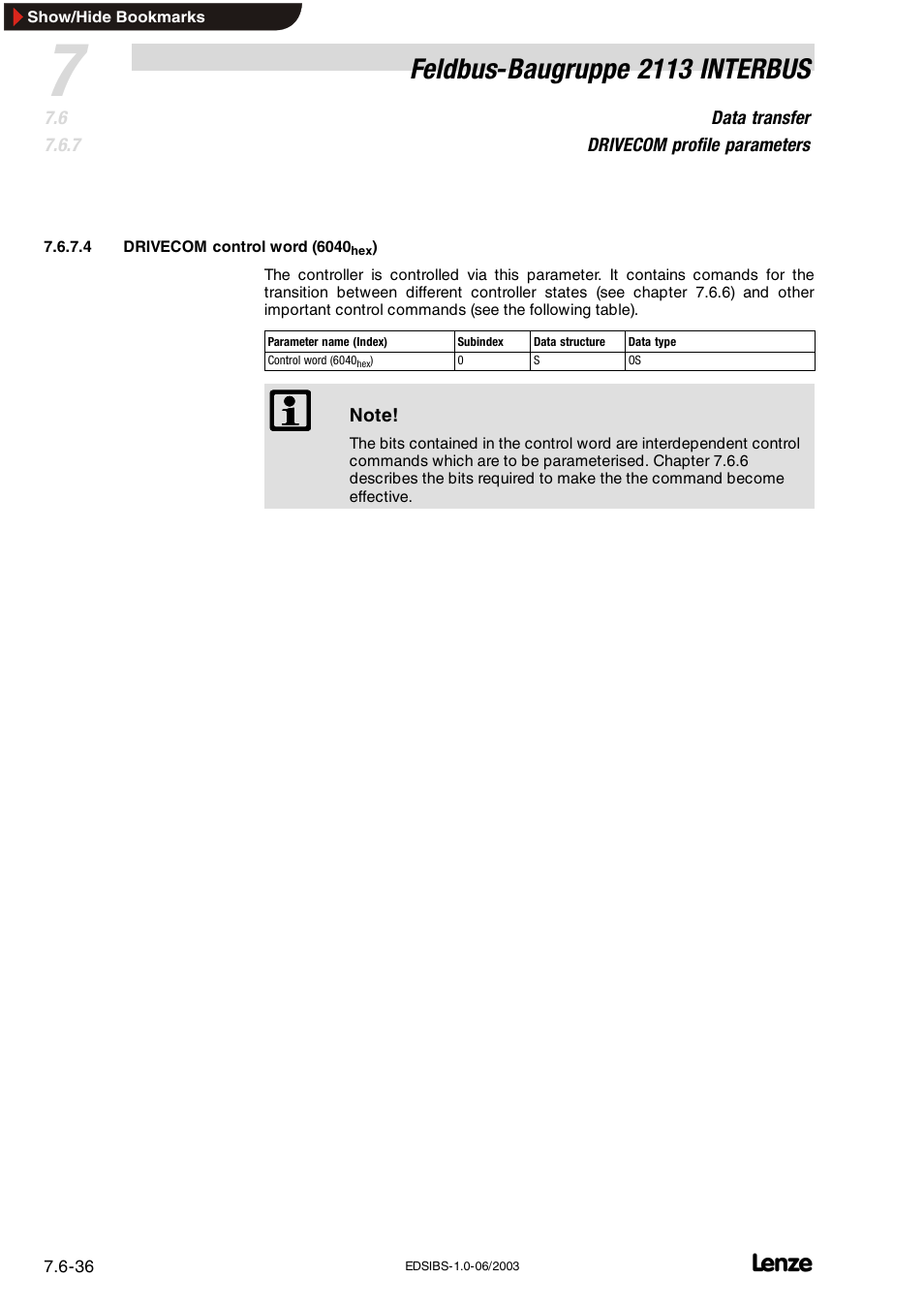 Feldbus-baugruppe 2113 interbus | Lenze EMF2113IB User Manual | Page 87 / 119
