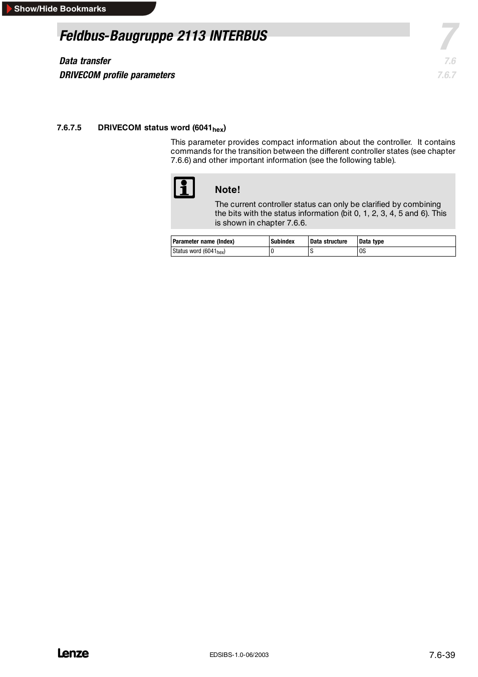 Feldbus-baugruppe 2113 interbus | Lenze EMF2113IB User Manual | Page 90 / 119