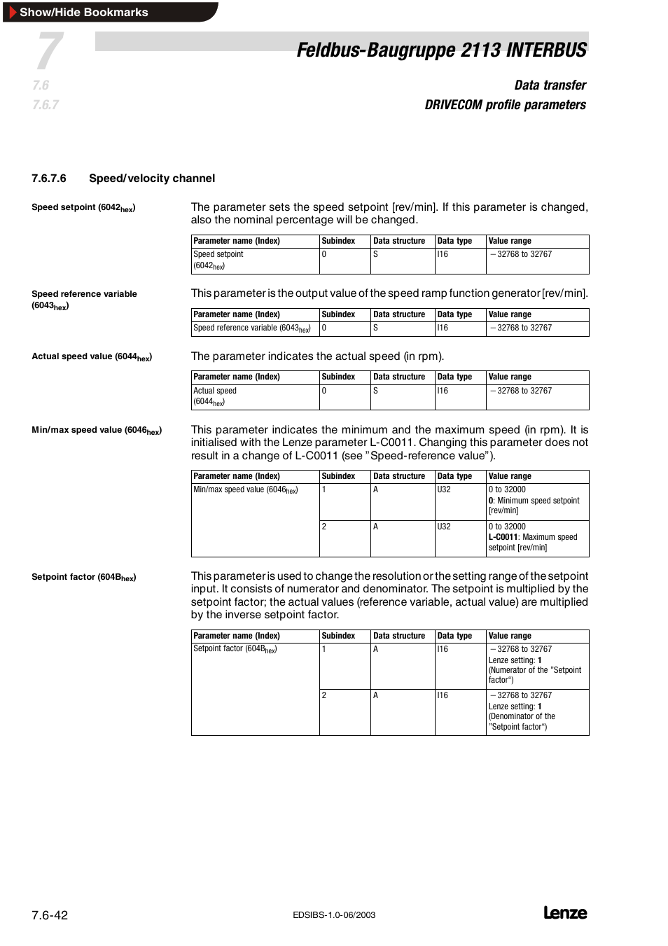 Feldbus-baugruppe 2113 interbus, Data transfer drivecom profile parameters | Lenze EMF2113IB User Manual | Page 93 / 119