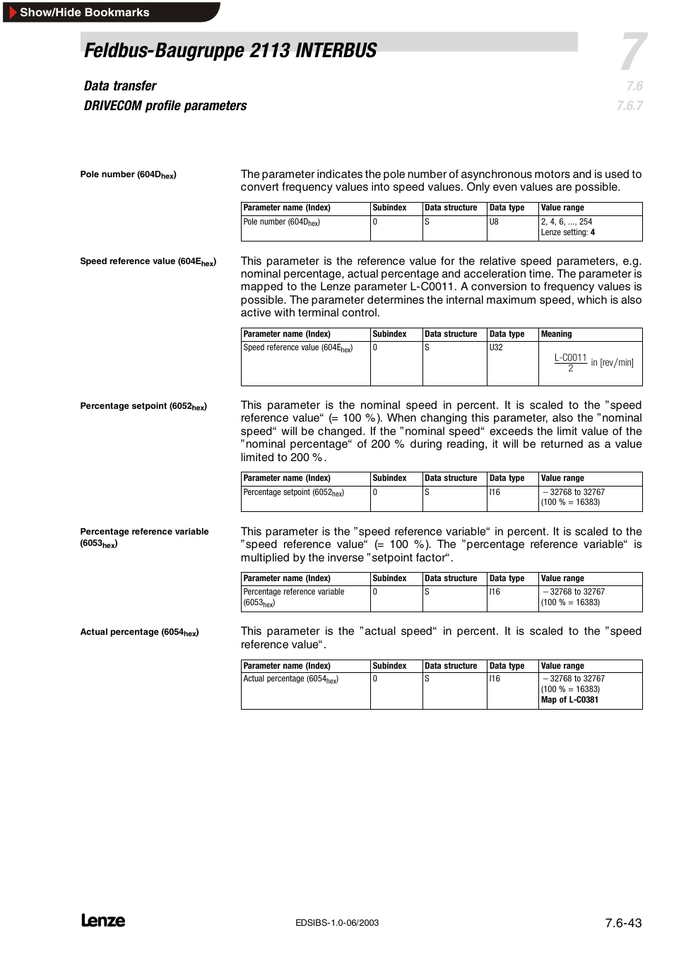 Feldbus-baugruppe 2113 interbus, Data transfer drivecom profile parameters | Lenze EMF2113IB User Manual | Page 94 / 119