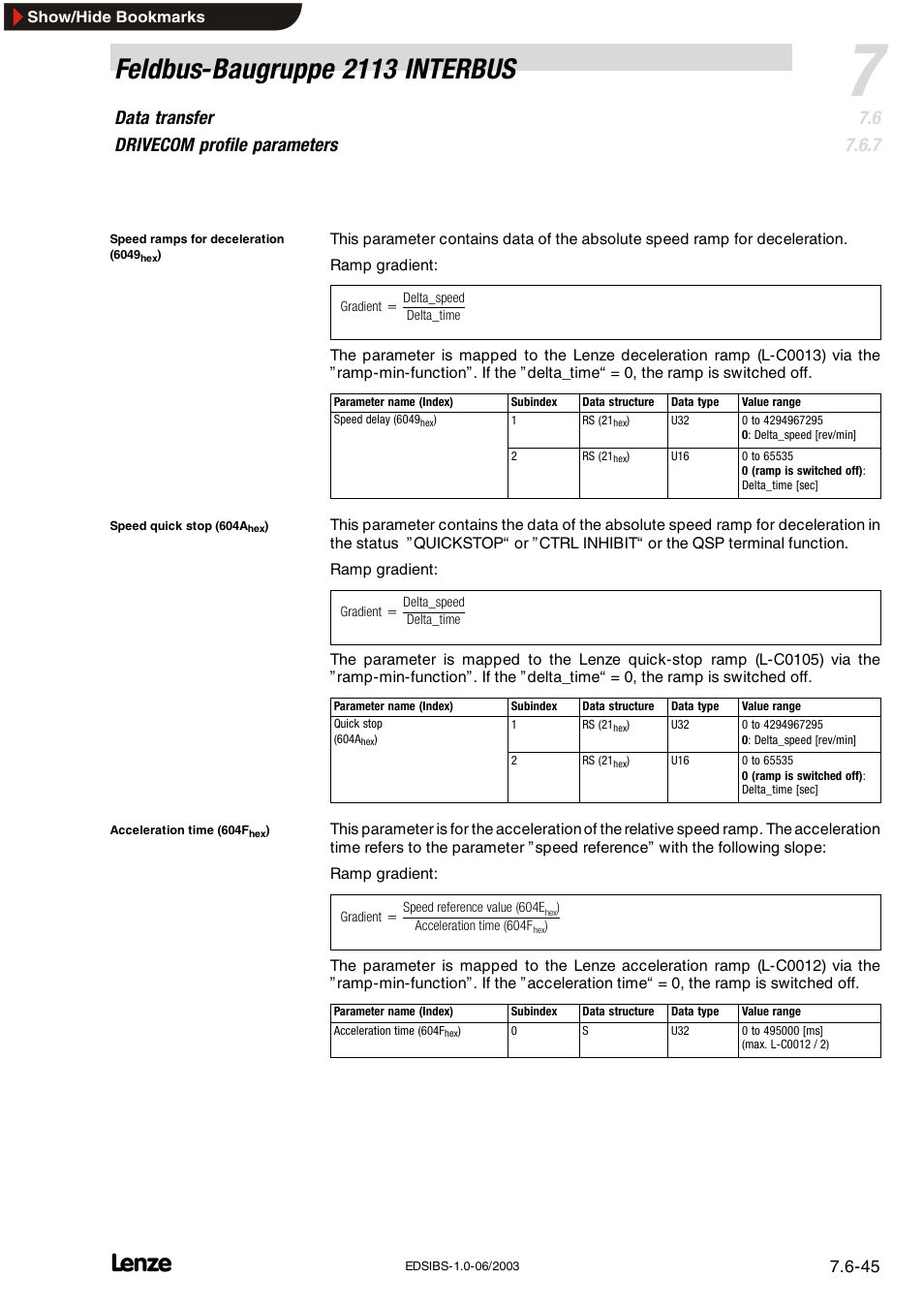Feldbus-baugruppe 2113 interbus, Data transfer drivecom profile parameters | Lenze EMF2113IB User Manual | Page 96 / 119
