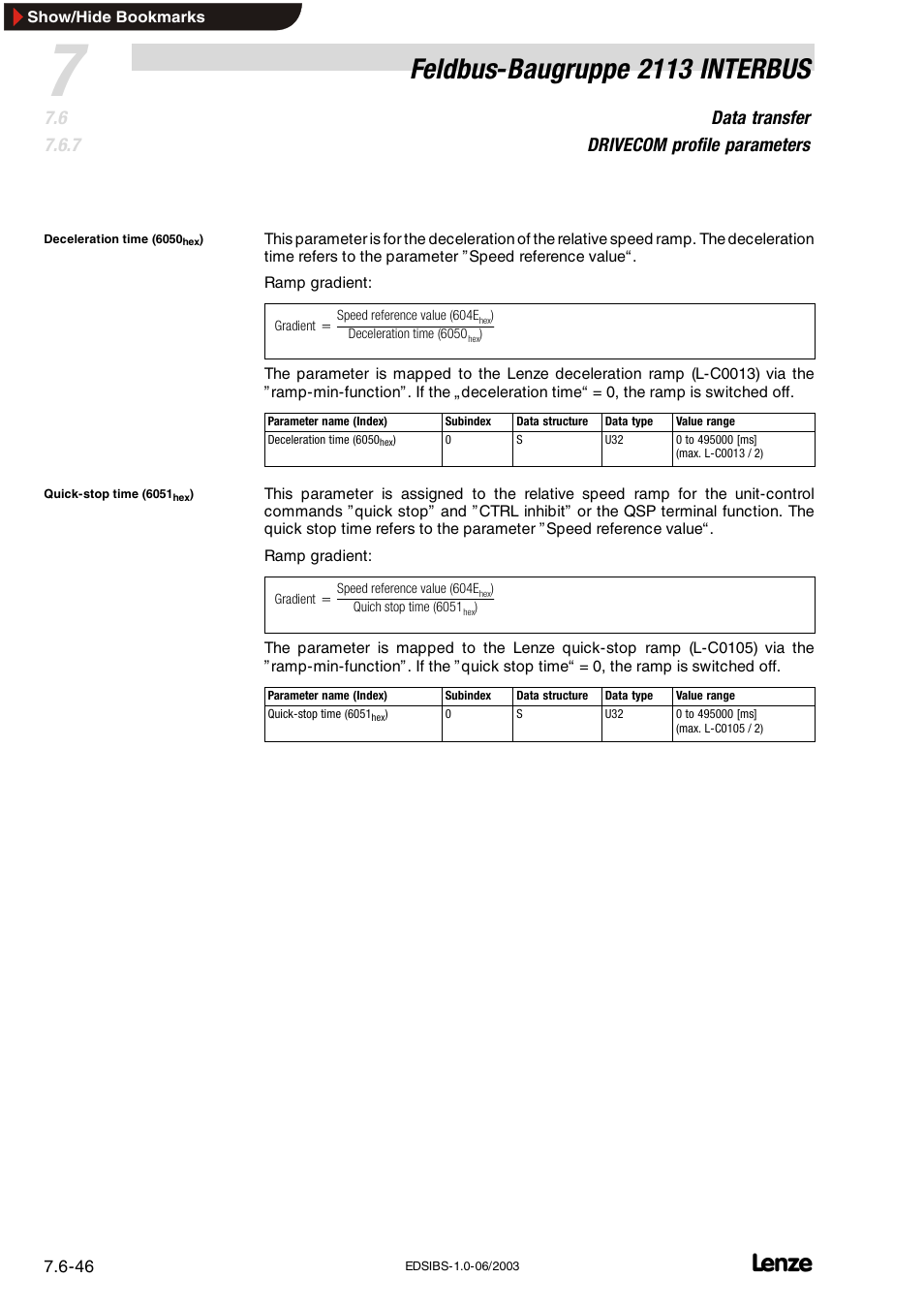 Feldbus-baugruppe 2113 interbus, Data transfer drivecom profile parameters | Lenze EMF2113IB User Manual | Page 97 / 119