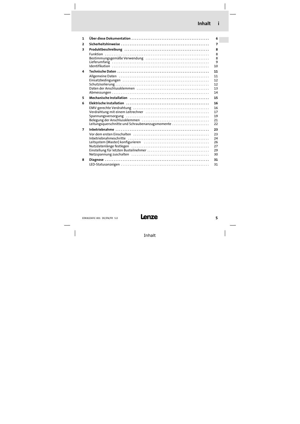 Inhalt, Inhalt i | Lenze E82ZAFIC001 User Manual | Page 5 / 90