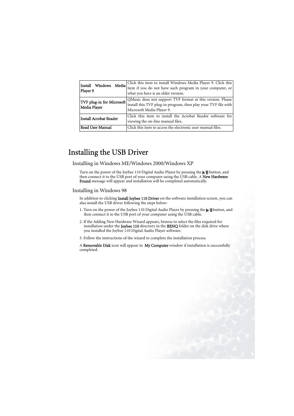 Installing the usb driver, Installing in windows me/windows 2000/windows xp, Installing in windows 98 | Installing the usb driver 7 | BenQ Joybee 110 User Manual | Page 11 / 27