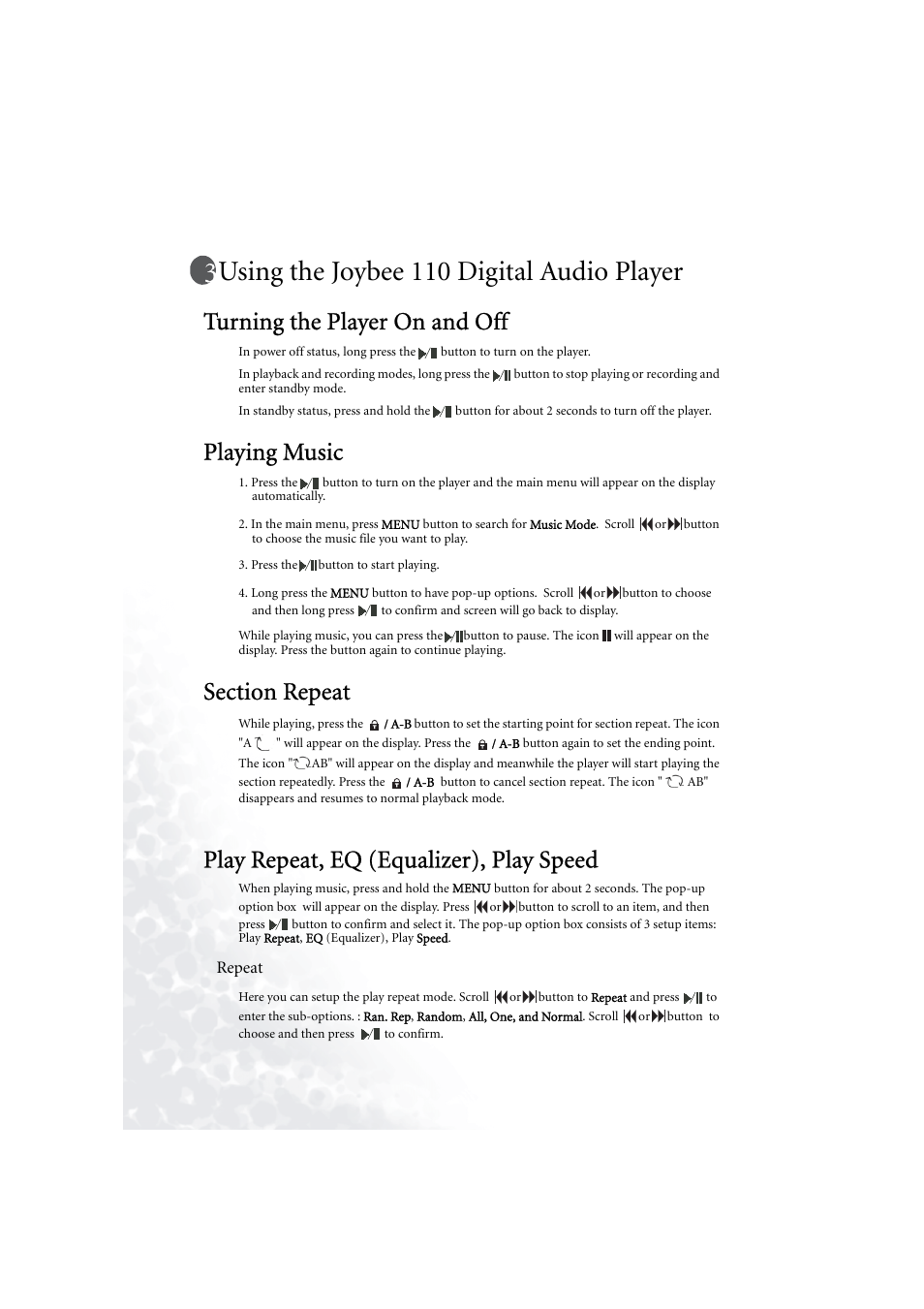 Using the joybee 110 digital audio player, Turning the player on and off, Playing music | Section repeat, Play repeat, eq (equalizer), play speed, Repeat, Using the joybee 110 digital audio player 8, Repeat 8 | BenQ Joybee 110 User Manual | Page 12 / 27