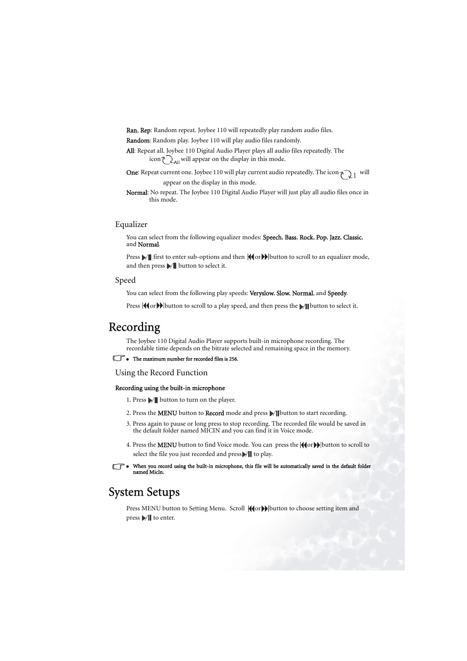 Equalizer, Speed, Recording | Using the record function, Recording using the built-in microphone, System setups, Equalizer 9 speed 9, Recording 9, Using the record function 9, System setups 9 | BenQ Joybee 110 User Manual | Page 13 / 27
