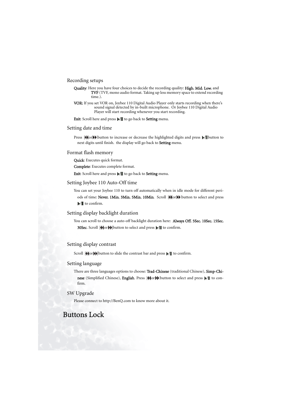 Recording setups, Setting date and time, Format flash memory | Setting joybee 110 auto-off time, Setting display backlight duration, Setting display contrast, Setting language, Sw upgrade, Buttons lock, Recording setups 10 setting date and time 10 | BenQ Joybee 110 User Manual | Page 14 / 27