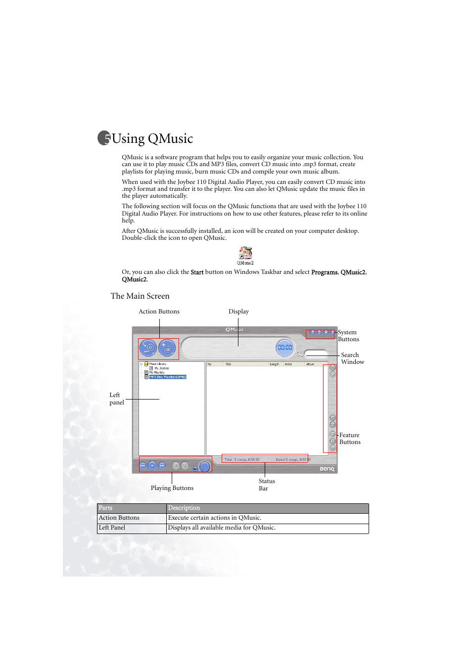 Using qmusic, The main screen, Using qmusic 12 | BenQ Joybee 110 User Manual | Page 16 / 27