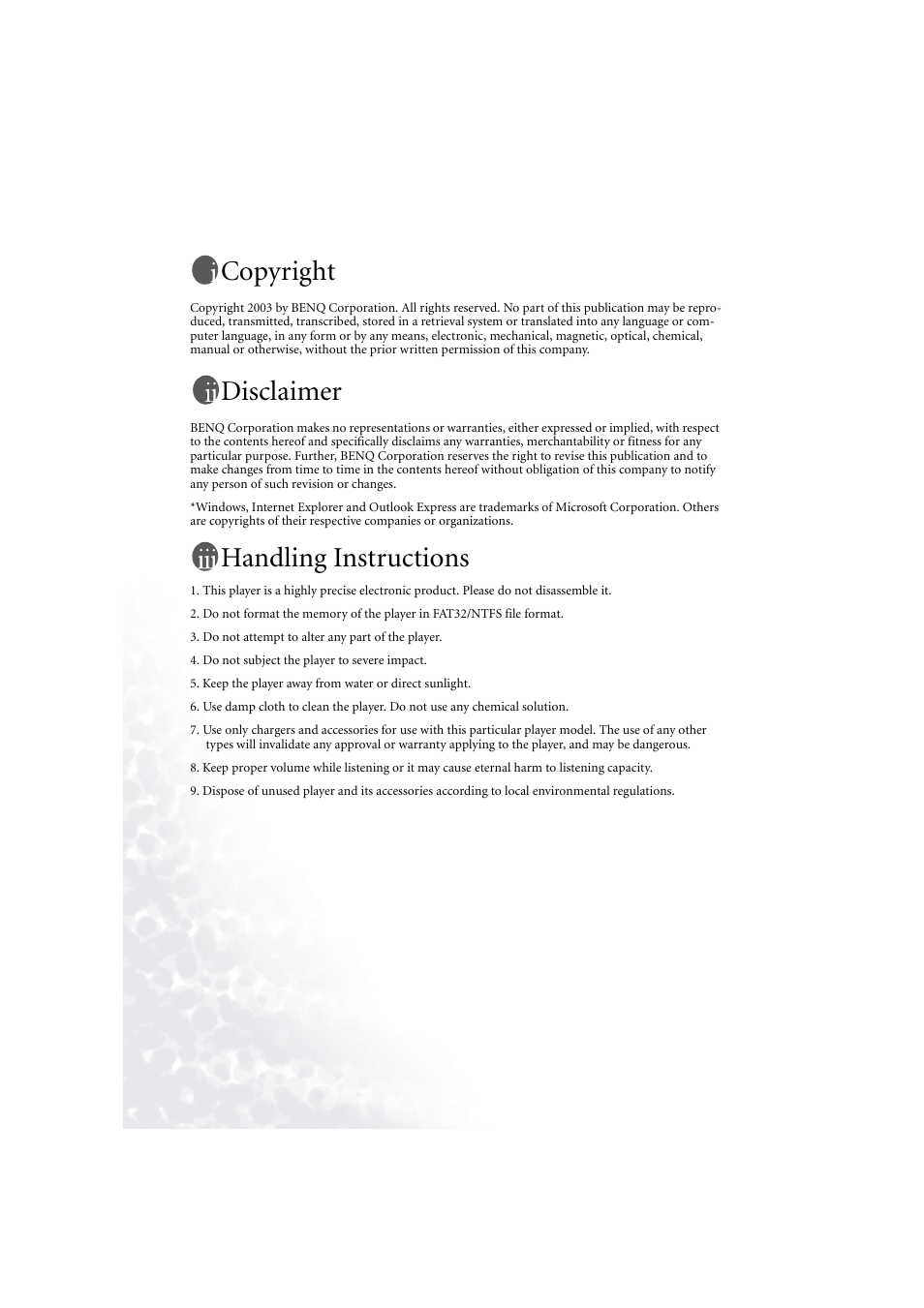 Copyright, Disclaimer, Handling instructions | BenQ Joybee 110 User Manual | Page 2 / 27