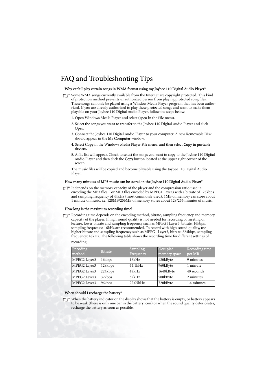 Faq and troubleshooting tips, How long is the maximum recording time, When should i recharge the battery | Faq and troubleshooting tips 22 | BenQ Joybee 110 User Manual | Page 26 / 27