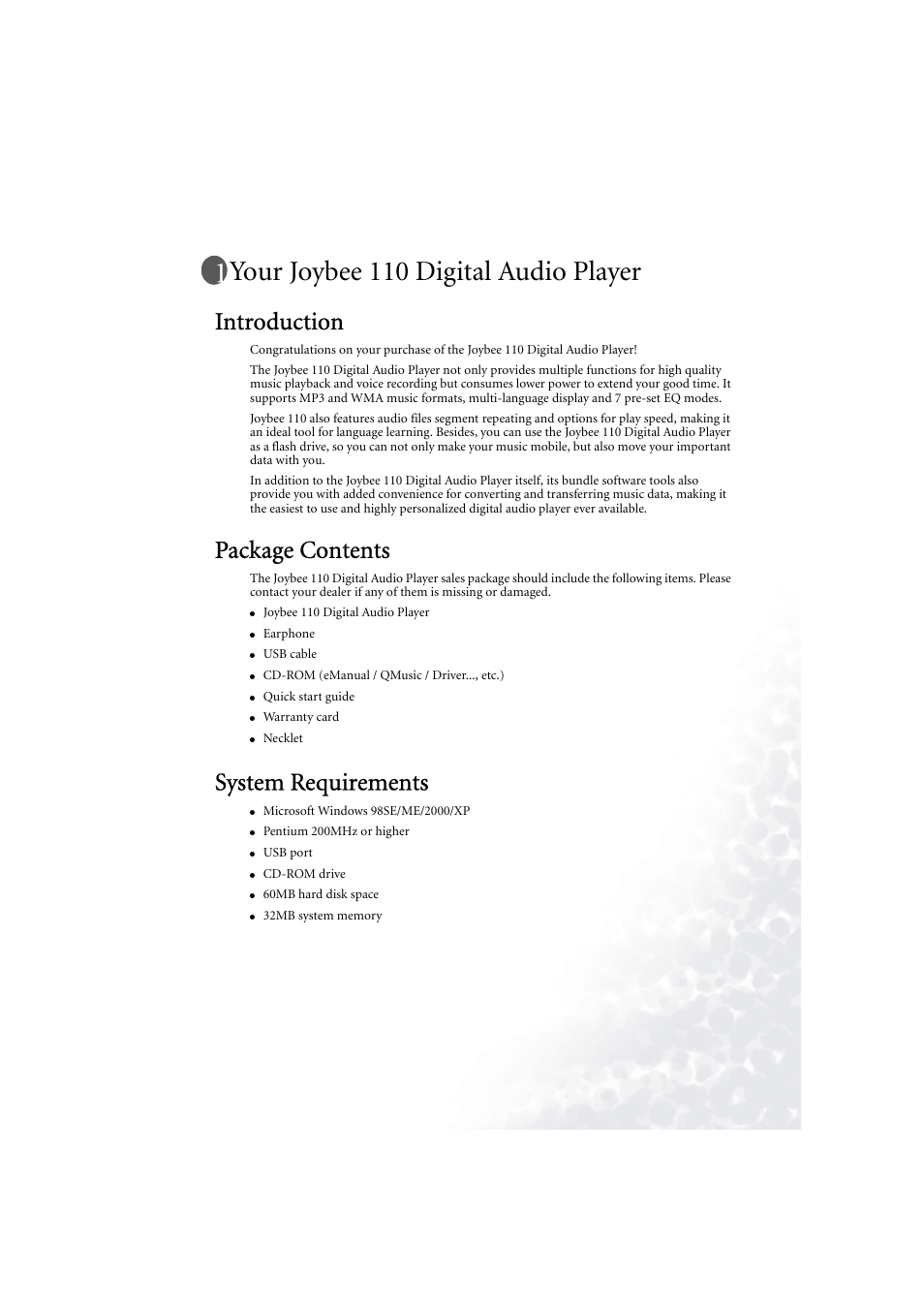 Your joybee 110 digital audio player, Introduction, Package contents | System requirements, Your joybee 110 digital audio player 1 | BenQ Joybee 110 User Manual | Page 5 / 27
