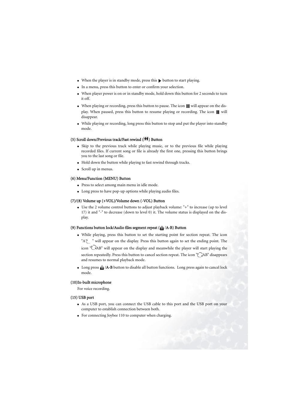 6) menu/function (menu) button, 7)/(8) volume up (+vol)/volume down (-vol) button, 10)in-built microphone | 15) usb port | BenQ Joybee 110 User Manual | Page 7 / 27