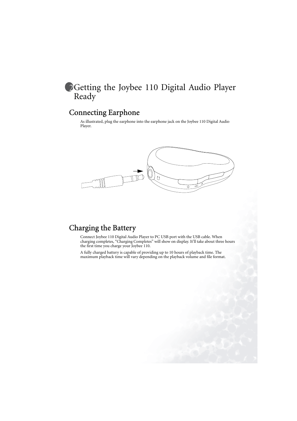 Getting the joybee 110 digital audio player ready, Connecting earphone, Charging the battery | Connecting earphone 5 charging the battery 5 | BenQ Joybee 110 User Manual | Page 9 / 27