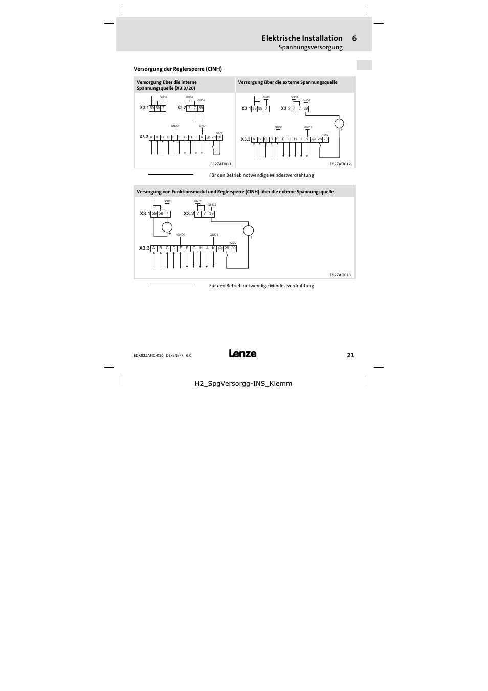 Elektrische installation, Spannungsversorgung, H2_spgversorgg−ins_klemm | Lenze E82ZAFIC010 User Manual | Page 21 / 94