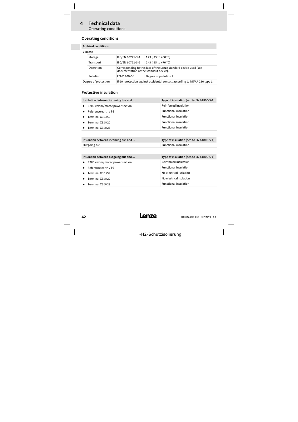 Operating conditions, Protective insulation, 4technical data | Lenze E82ZAFIC010 User Manual | Page 42 / 94