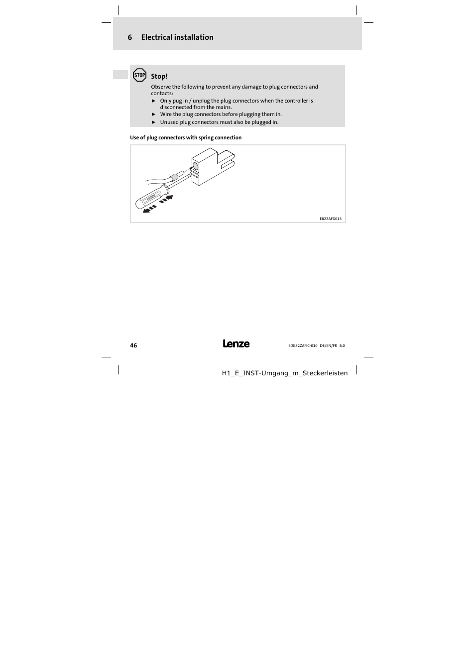 6 electrical installation, Electrical installation | Lenze E82ZAFIC010 User Manual | Page 46 / 94