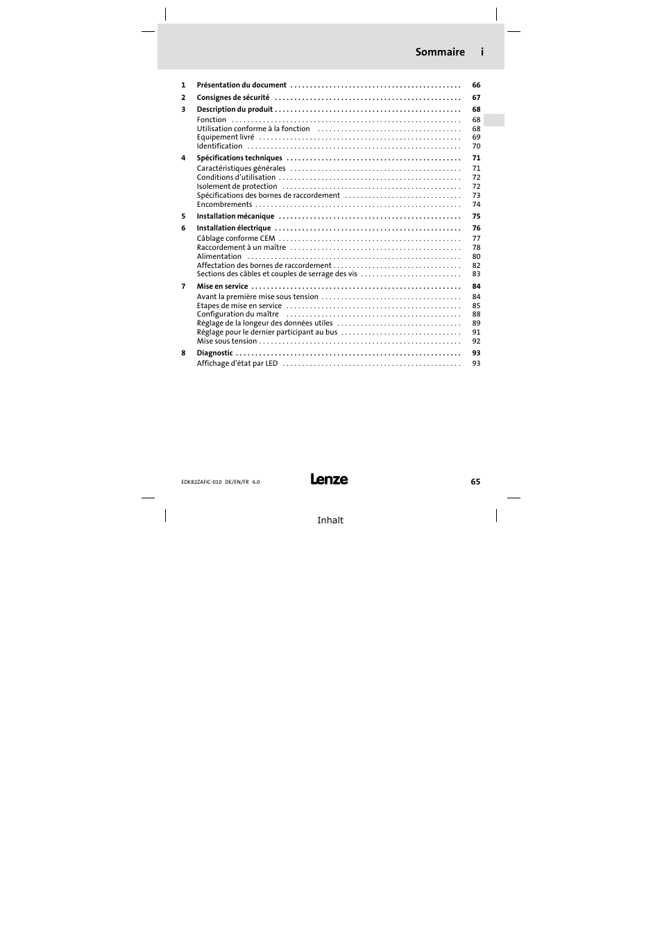Sommaire, Sommaire i | Lenze E82ZAFIC010 User Manual | Page 65 / 94