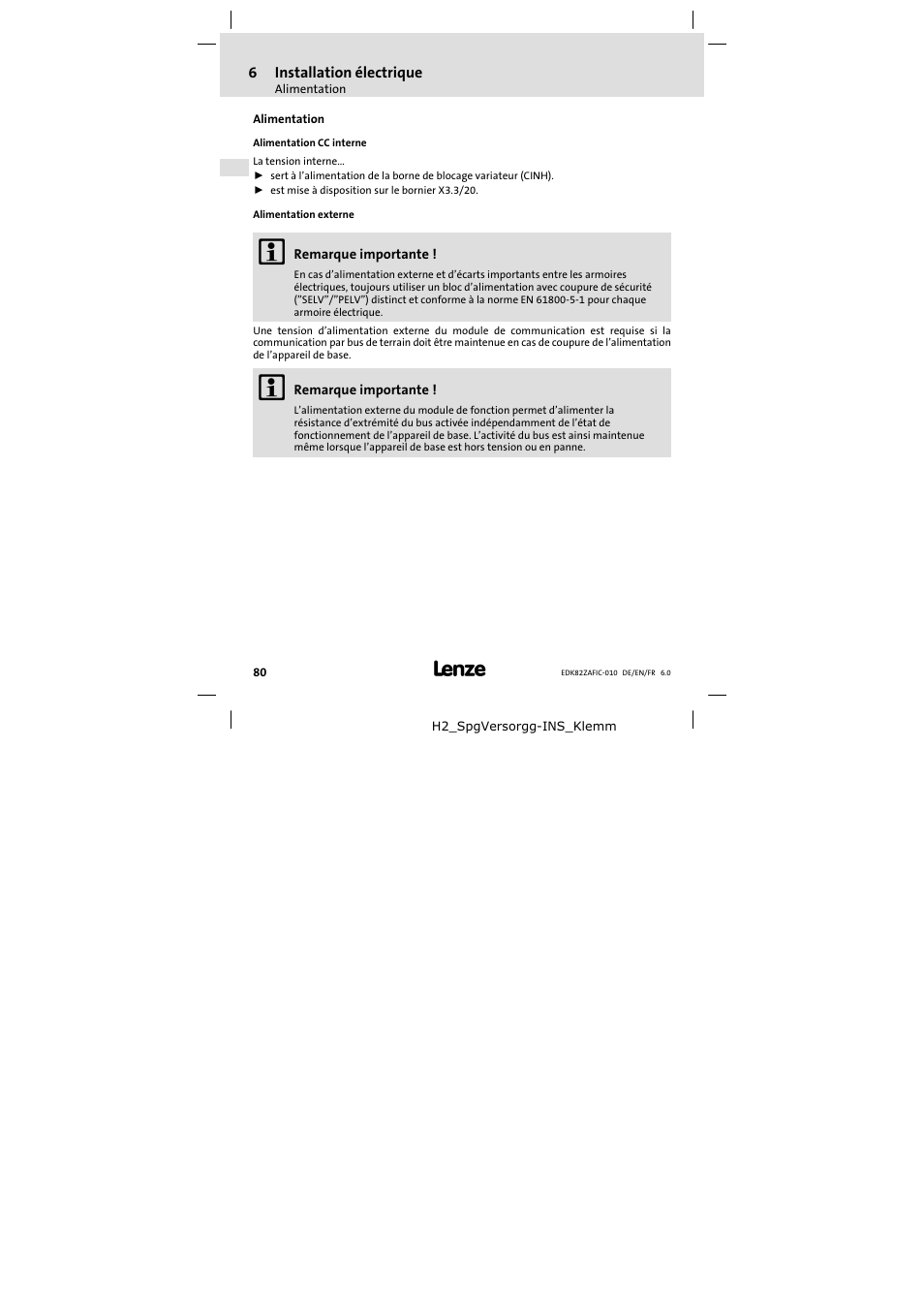 Alimentation | Lenze E82ZAFIC010 User Manual | Page 80 / 94