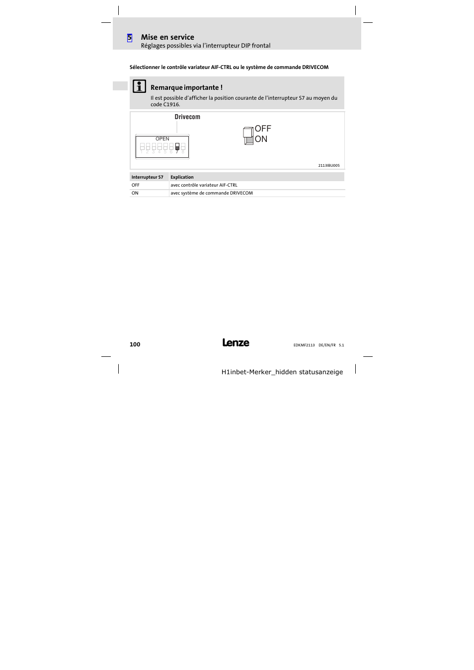 On off, 5mise en service | Lenze EMF2113IB User Manual | Page 100 / 112