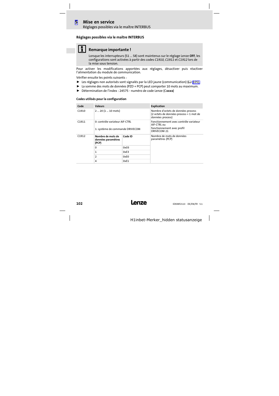 Réglages possibles via le maître interbus, 5mise en service | Lenze EMF2113IB User Manual | Page 102 / 112
