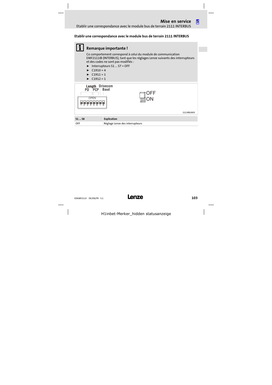 Première mise en service, On off, Mise en service | Lenze EMF2113IB User Manual | Page 103 / 112