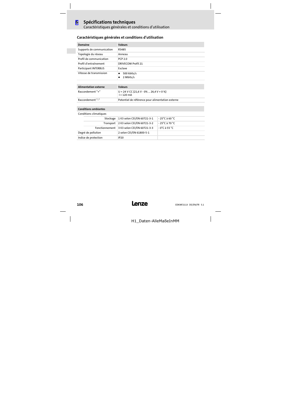 6 spécifications techniques, Isolement de protection, 6spécifications techniques | Lenze EMF2113IB User Manual | Page 106 / 112