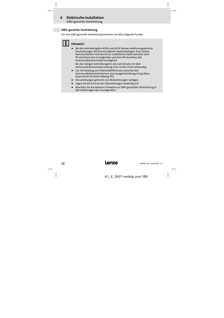 4 elektrische installation, Emv-gerechte verdrahtung, Elektrische installation | Emv−gerechte verdrahtung, 4elektrische installation | Lenze EMF2113IB User Manual | Page 12 / 112
