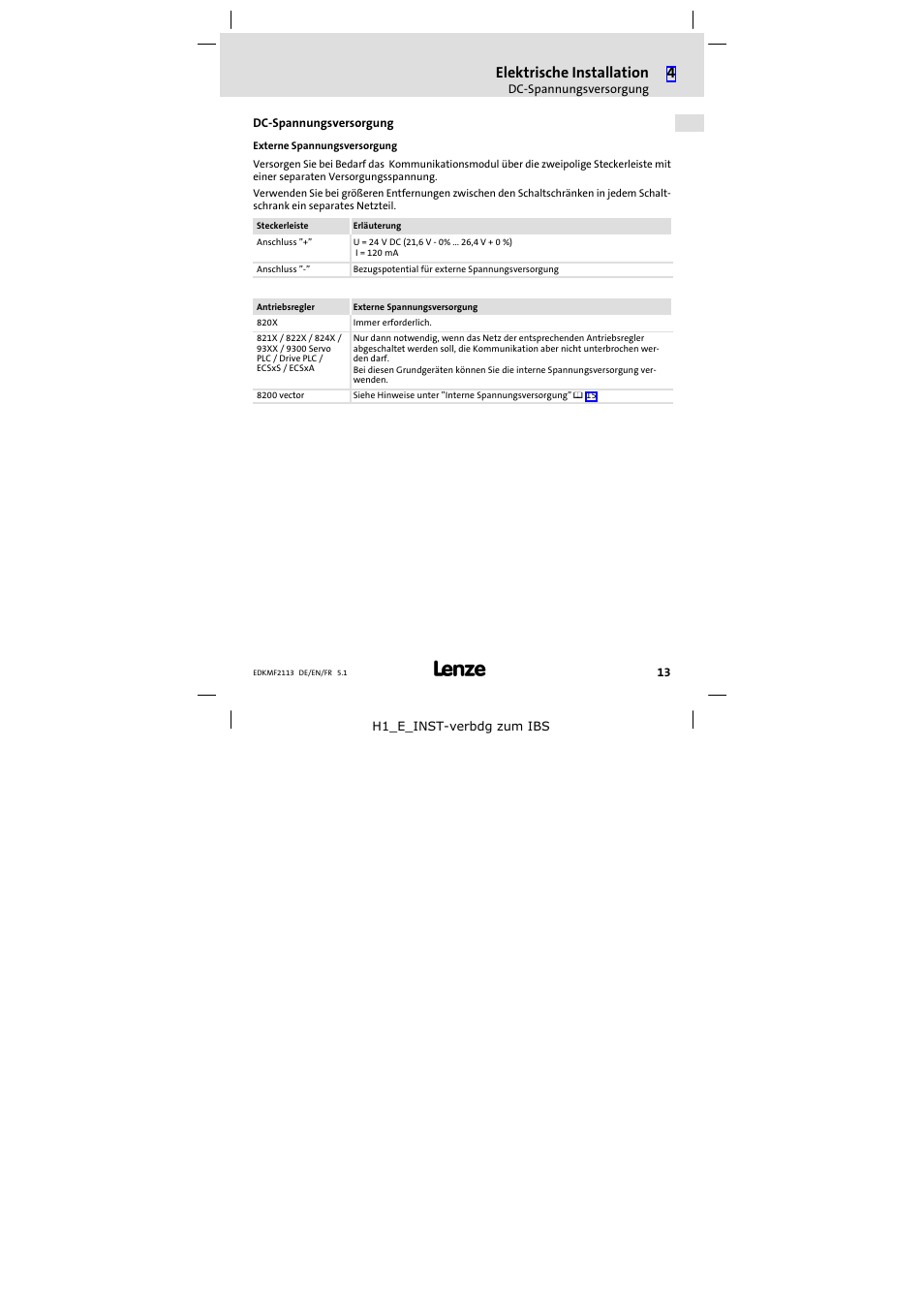 Dc-spannungsversorgung, Dc−spannungsversorgung, Elektrische installation | Lenze EMF2113IB User Manual | Page 13 / 112