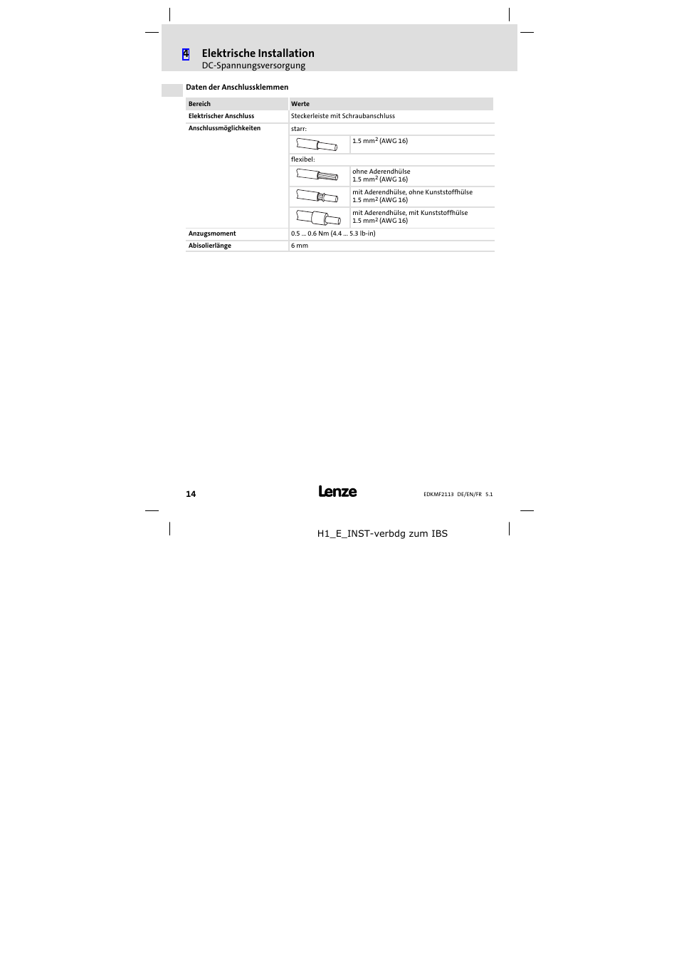 4elektrische installation | Lenze EMF2113IB User Manual | Page 14 / 112