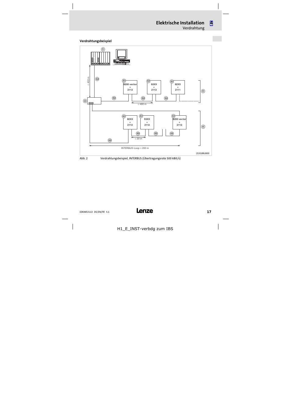 Elektrische installation, Verdrahtung, H1_e_inst−verbdg zum ibs | Lenze EMF2113IB User Manual | Page 17 / 112