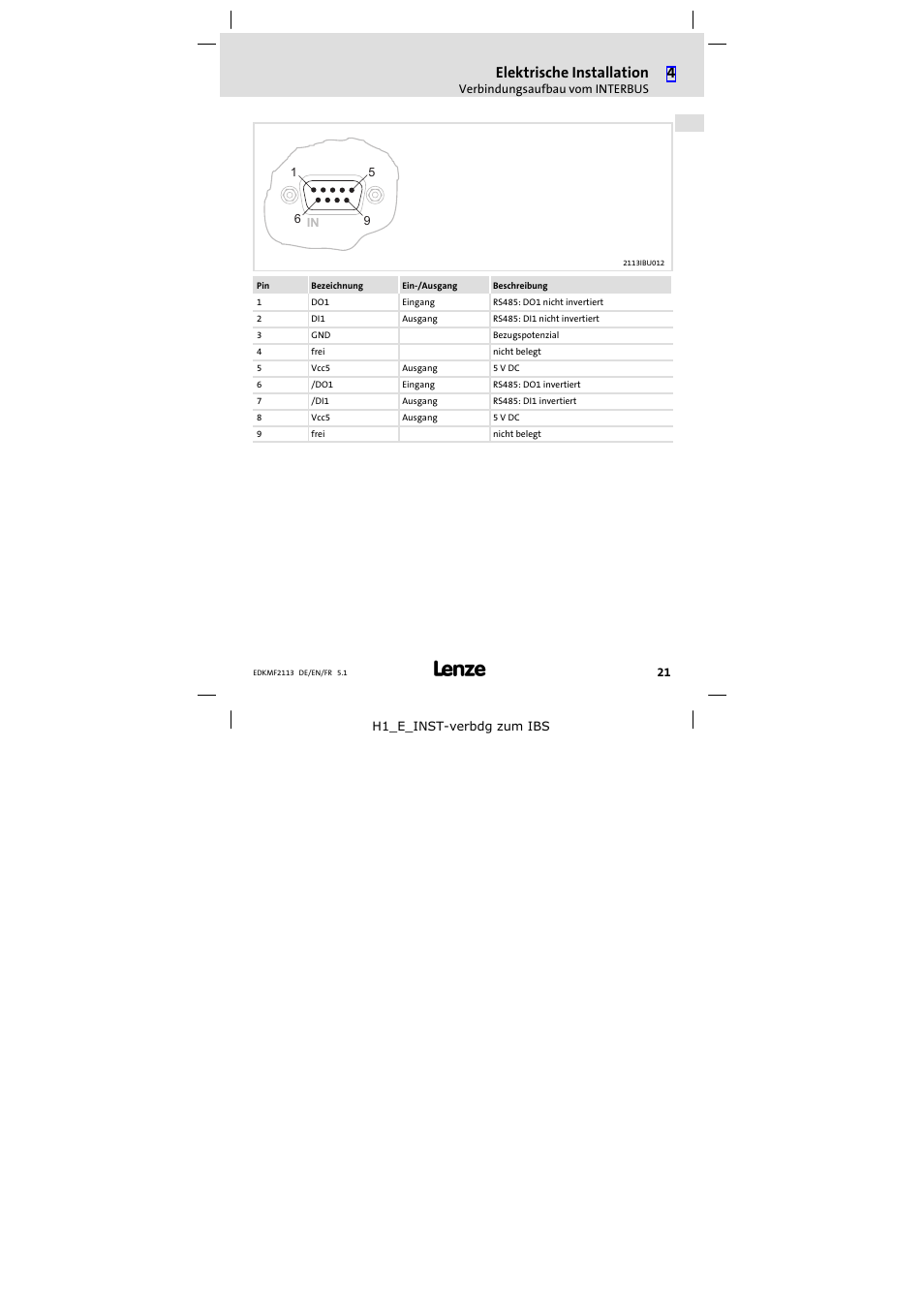Elektrische installation | Lenze EMF2113IB User Manual | Page 21 / 112