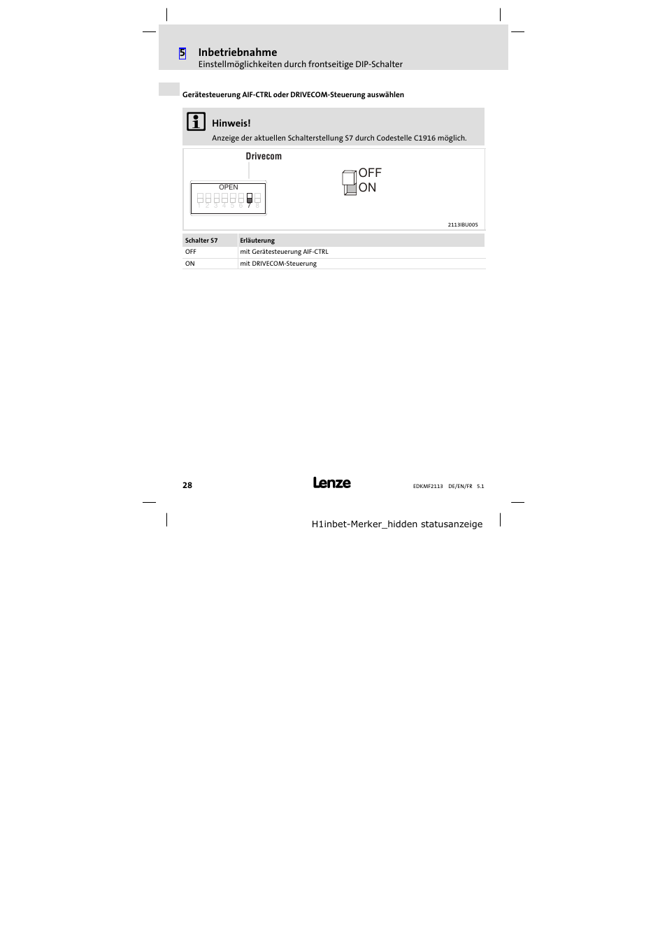 On off, 5inbetriebnahme | Lenze EMF2113IB User Manual | Page 28 / 112