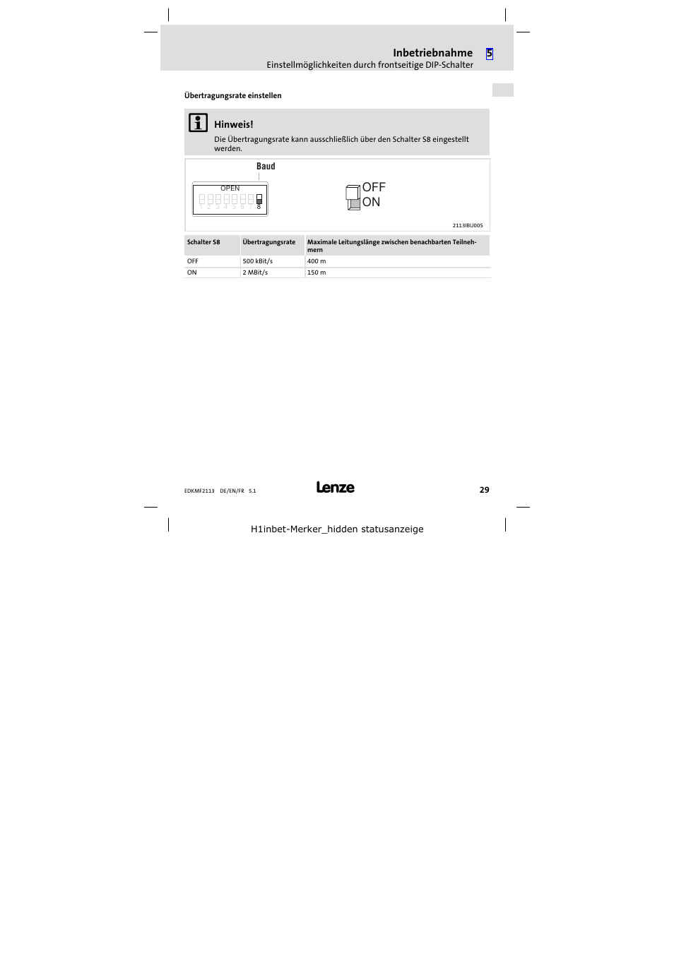 On off, Inbetriebnahme | Lenze EMF2113IB User Manual | Page 29 / 112